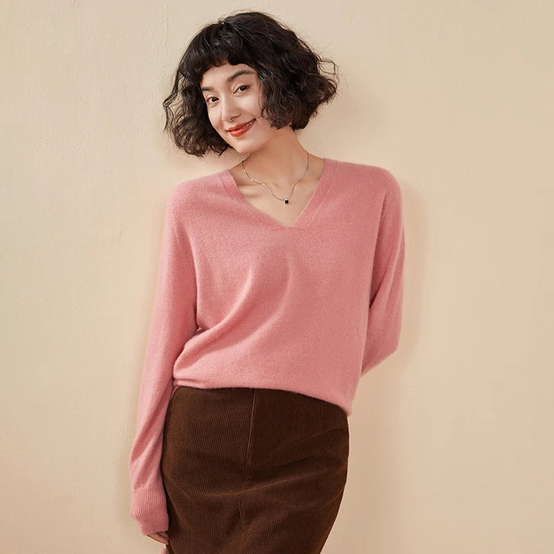 Autumn And Winter New Women's Cashmere Sweater 100% Pure Cashmere V-neck Knitted Pullover Long Sleeved Hot Selling Women's Top