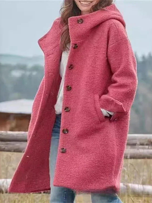 Women's Winter Hooded Long Sve Loose Fit  Color Coat Jaet Silk Knitted Thiened Outerwear for Autumn Season