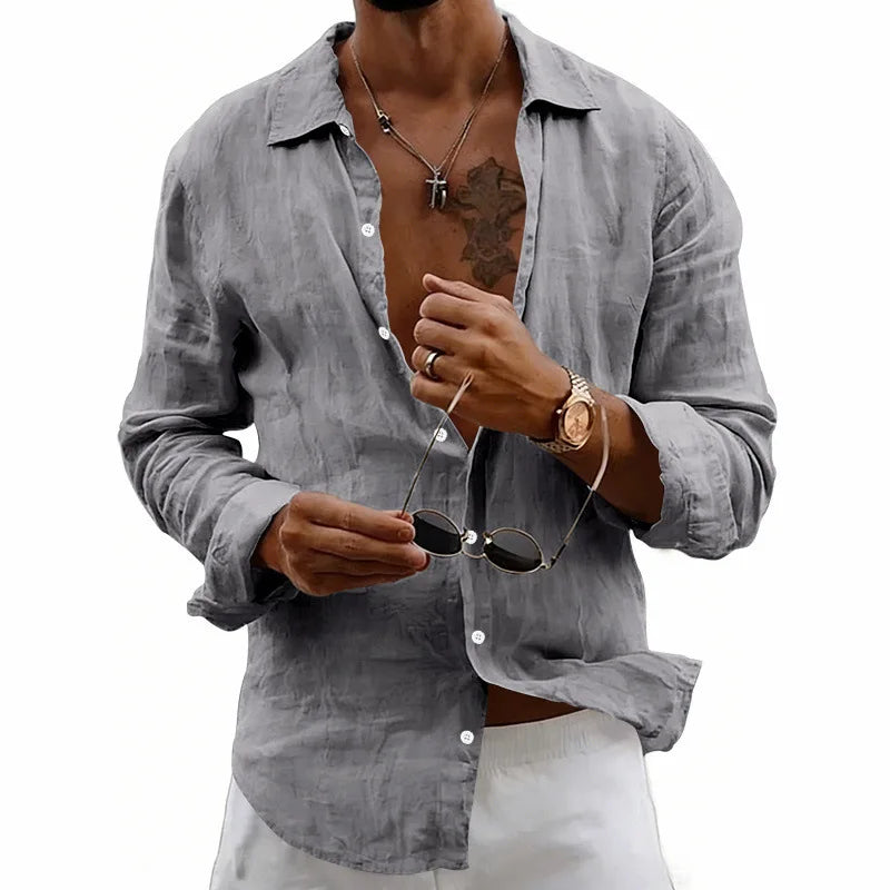 Men’s Long Sleeve Linen Shirt Button Down Casual Beach Vacation Top 2026