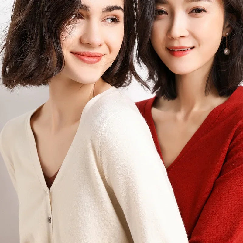2026 Women Cardigans Long Sleeve Knitted Outerwear Solid Thin Spring / Autumn Sweaters V-neck Knitwear Cardigans