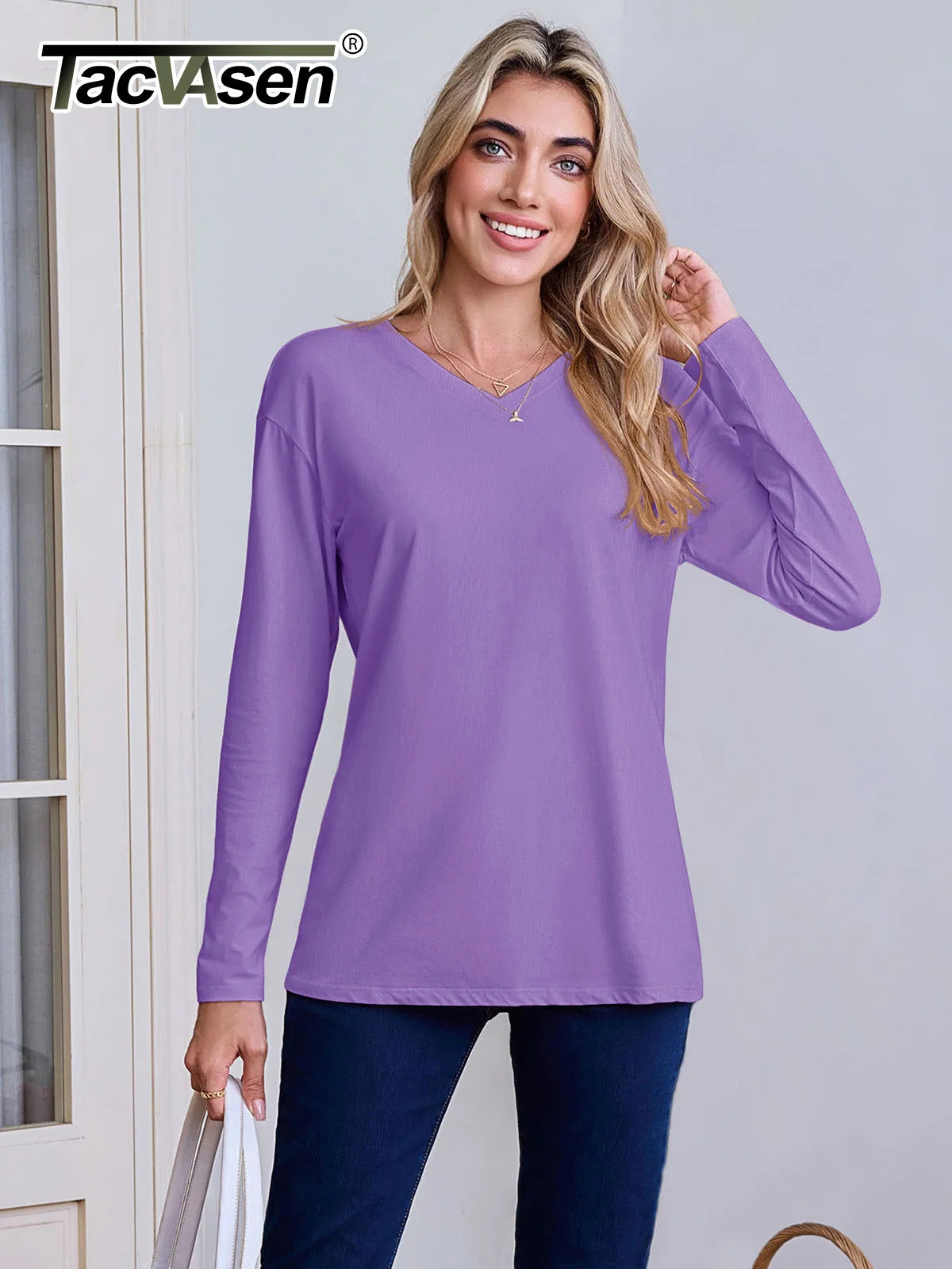 Women‘s Solid Color Drop Shoulder Breathable Cotton Shirts V Neck Casual Basic Tops Loose Fit Long Sleeve Tees