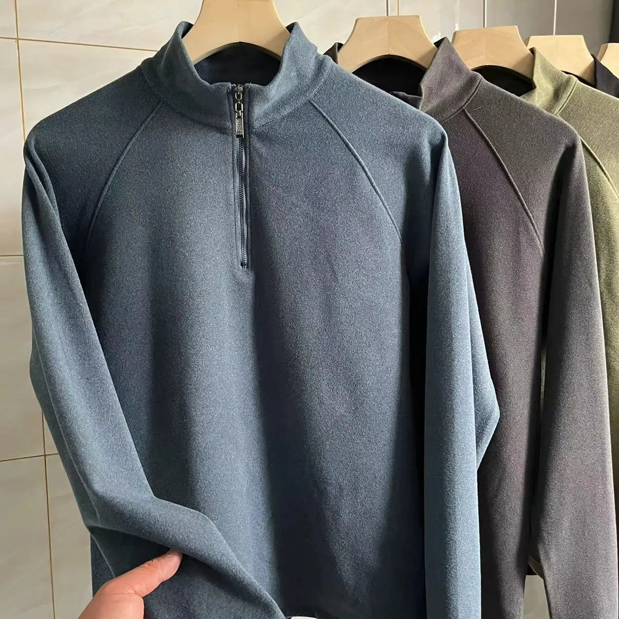 Soft Skin-Friendly Men's Long Sleeve Base shirt Double-Sided Velvet f-Zip Autumn Winter Fashionable Top Modern