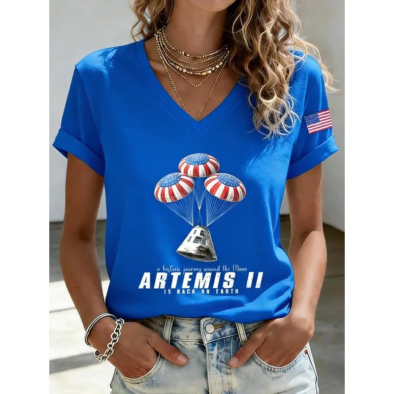 2026 New Arrival Women's Artemis II Print T-Shirts Summer Short Sleeve V Neck Tops Casual Daily White Tees