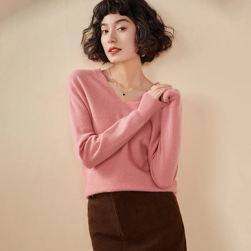 Autumn And Winter New Women's Cashmere Sweater 100% Pure Cashmere V-neck Knitted Pullover Long Sleeved Hot Selling Women's Top