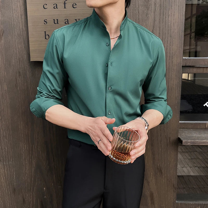 Stand-Up Collar Shirt Luxury Solid Color Long Sleeve Slim Fit Elastic Casual Social Party Shirts Tuxedo 4XL-M