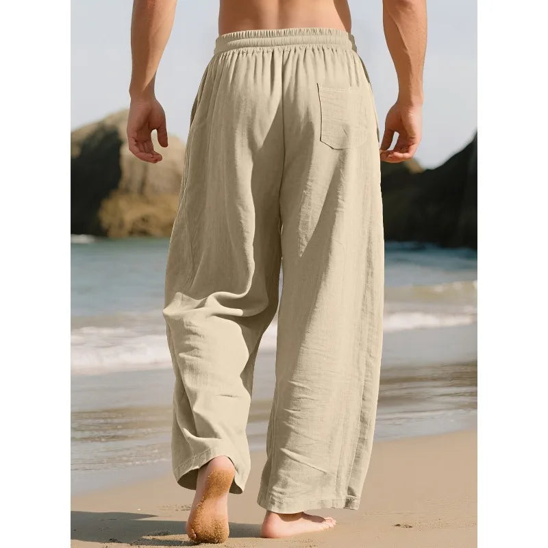 Men's Beige Linen Pants Casual Pants Summer Loose Fit Elastic Waist Straight Leg Pants Lightweight Casual Home Lounge Wear