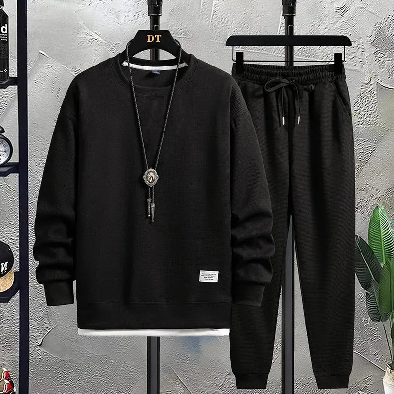 2026 Spring and Autumn New Men's Fashion Brand Round Neck Waffle Set Casual and Handsome Sports Two Piece Set