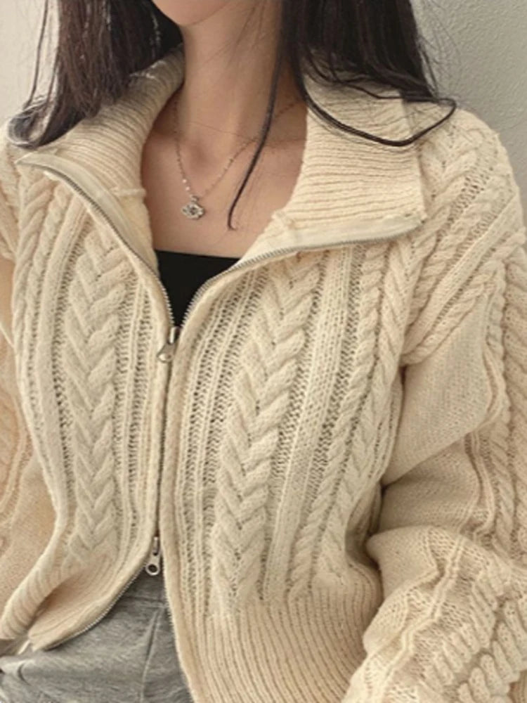 Loose Knitted Open Cardigan Sweater Spring Autumn Retro Collar Twist Version Top zipper Women's Faion