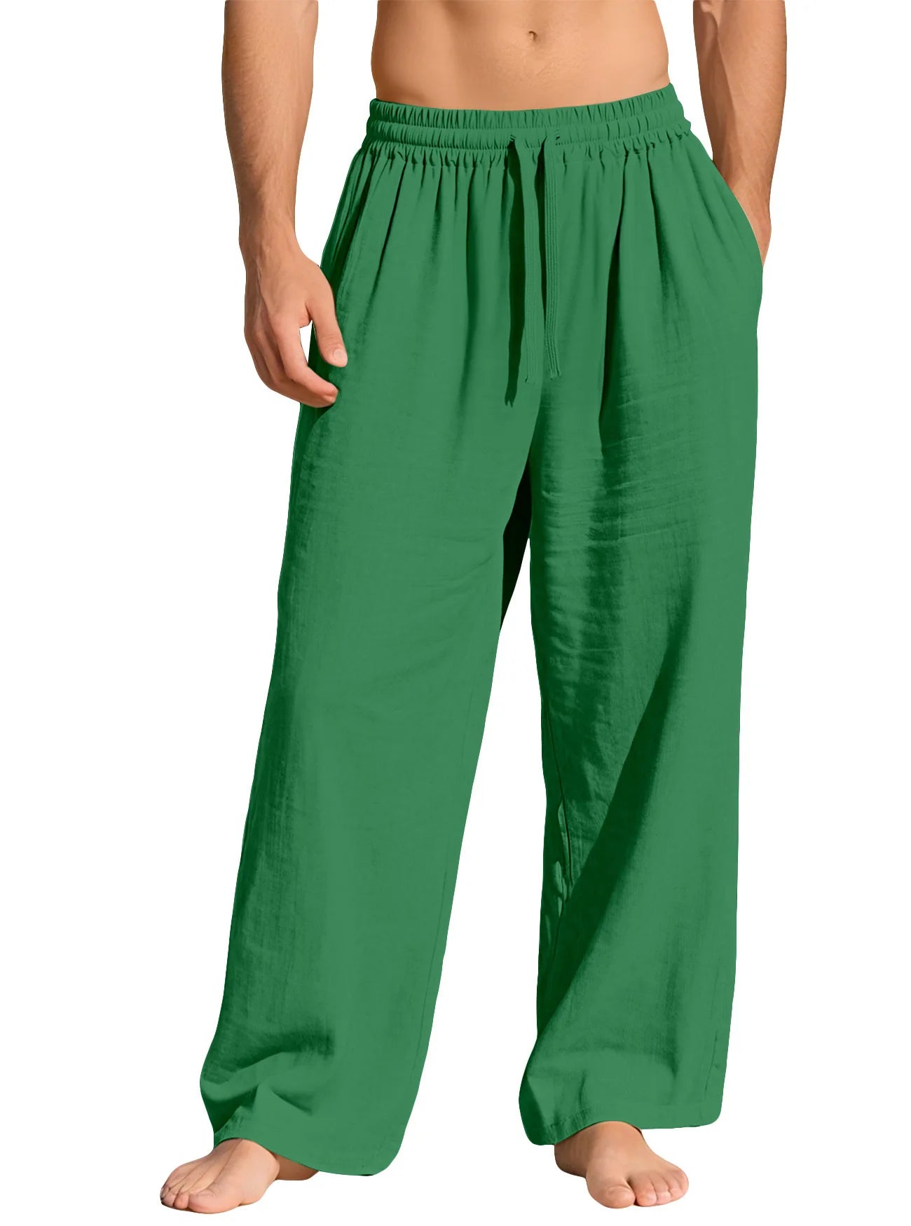 Men's Beige Linen Pants Casual Pants Summer Loose Fit Elastic Waist Straight Leg Pants Lightweight Casual Home Lounge Wear