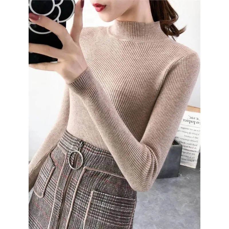 Early Spring, Autumn Winter Mock Neck Women Sweater Vintage Basic Solid Knitted Tops Casual Slim Pullover Korean Sweaters Simple Chic Jumpers