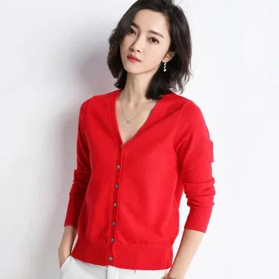 2026 Women Cardigans Long Sleeve Knitted Outerwear Solid Thin Spring / Autumn Sweaters V-neck Knitwear Cardigans
