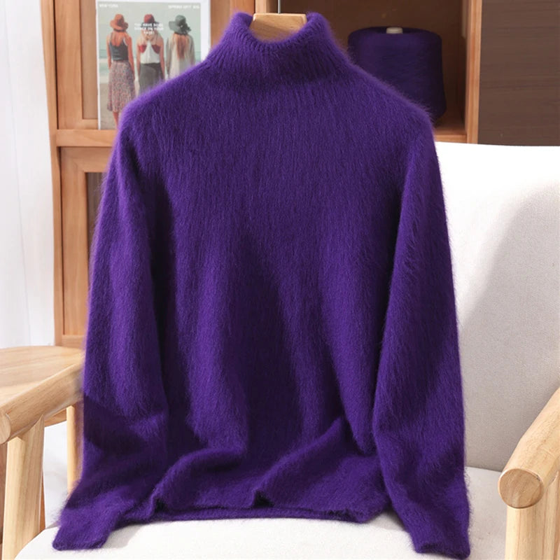 High End Mink Fur Sweater, Women's Solid Color High Collar Pullover, Cashmere Warm Sweater, Knitted Base Sweater, Autumn Winter