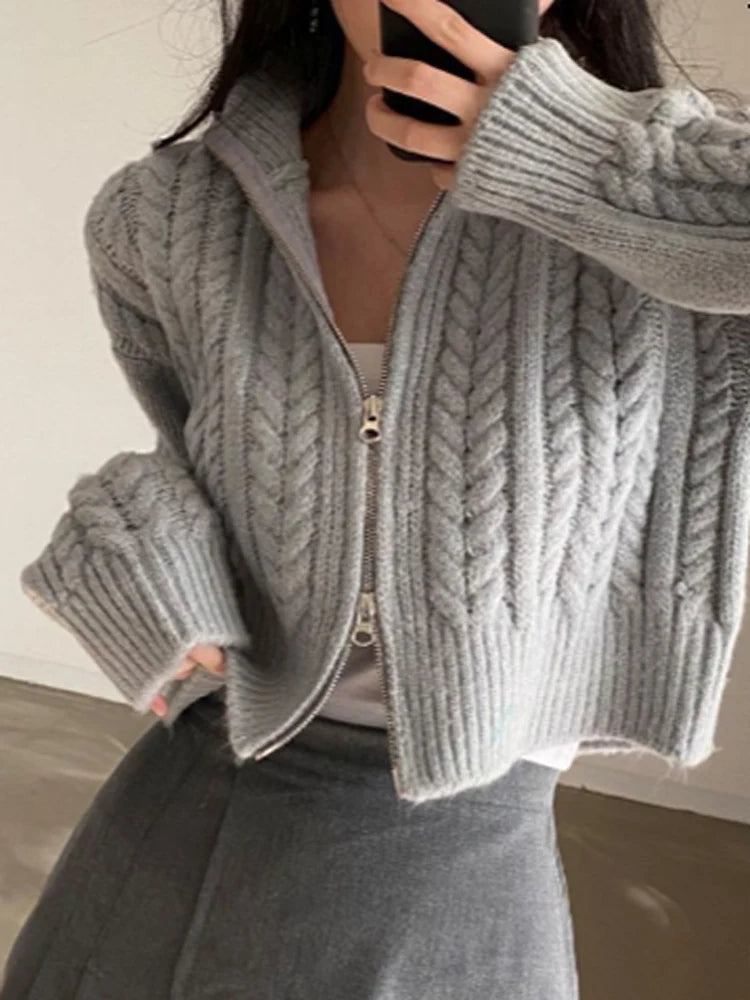 Loose Knitted Open Cardigan Sweater Spring Autumn Retro Collar Twist Version Top zipper Women's Faion