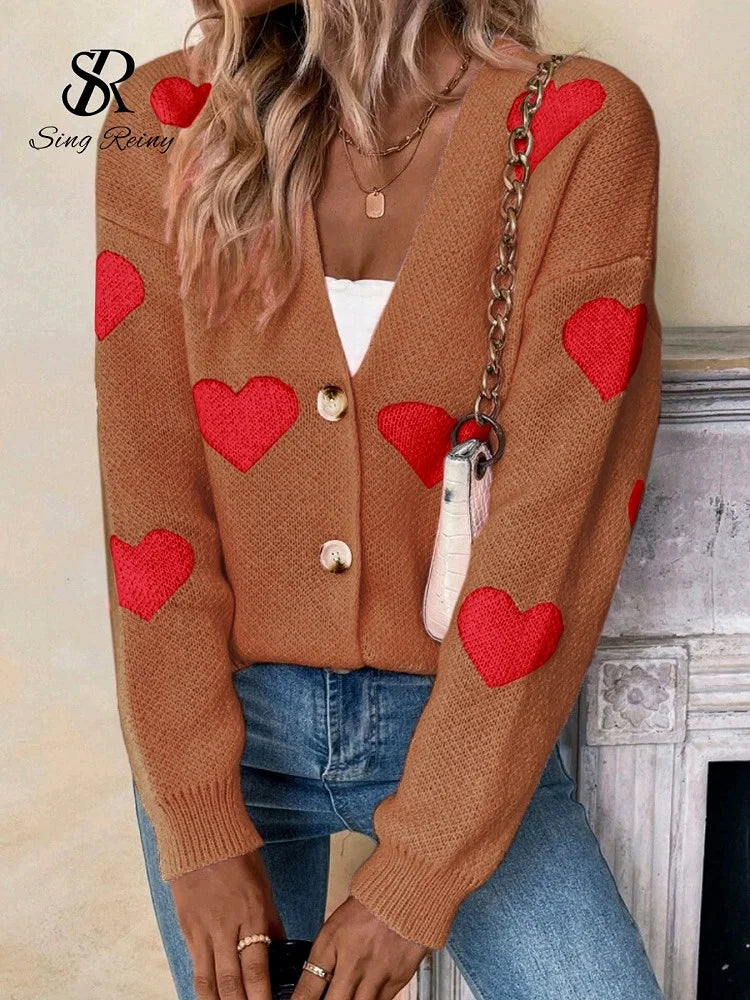 Sweet Love Knitted Cardigan Women 2026 Spring, Summer,  Autumn V-neck Print Warm Sweaters Long Sleeve Casual Loose Knitted Tops