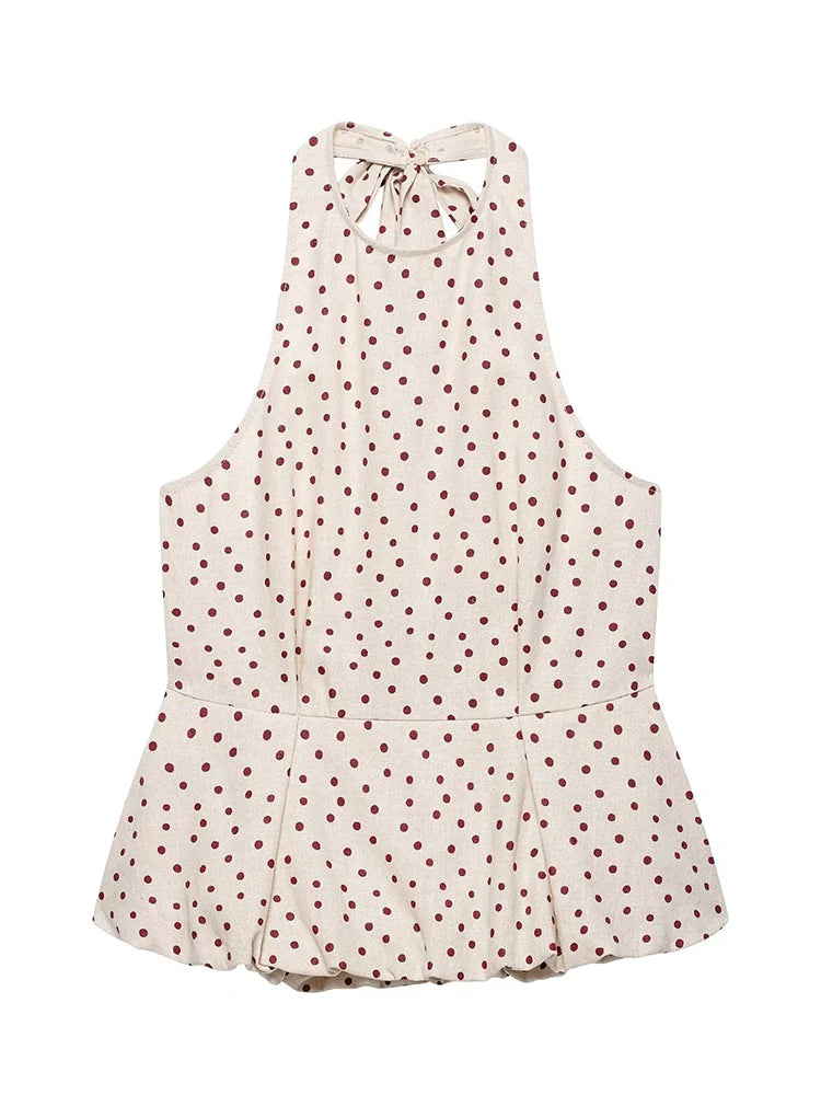 HH Women Summer Spring Fit Polka Dot Halter Neck Top Summer Sleeveless Peplum Linen Blend Blouse For Casual Summer Outfits