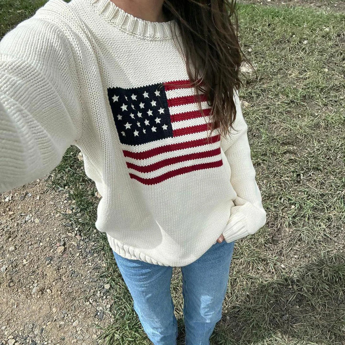 Women's Loose Fit Sweaters, Spring, Fall,  Winter Casual Stars Stripe Flag Print Round Neck Long Sleeve Pullovers Knitted Jumpers