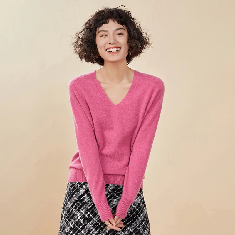 Autumn And Winter New Women's Cashmere Sweater 100% Pure Cashmere V-neck Knitted Pullover Long Sleeved Hot Selling Women's Top