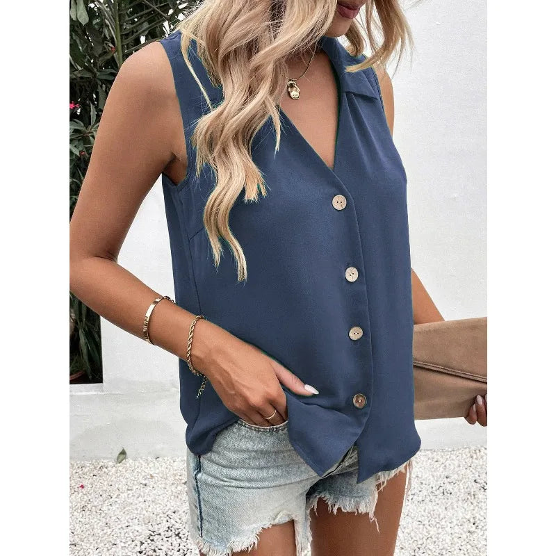 Women's V-Neck Button Chiffon Blouse Summer Lightweight Loose Casual Sleeveless Top Office Lady Solid Color Basic Vest
