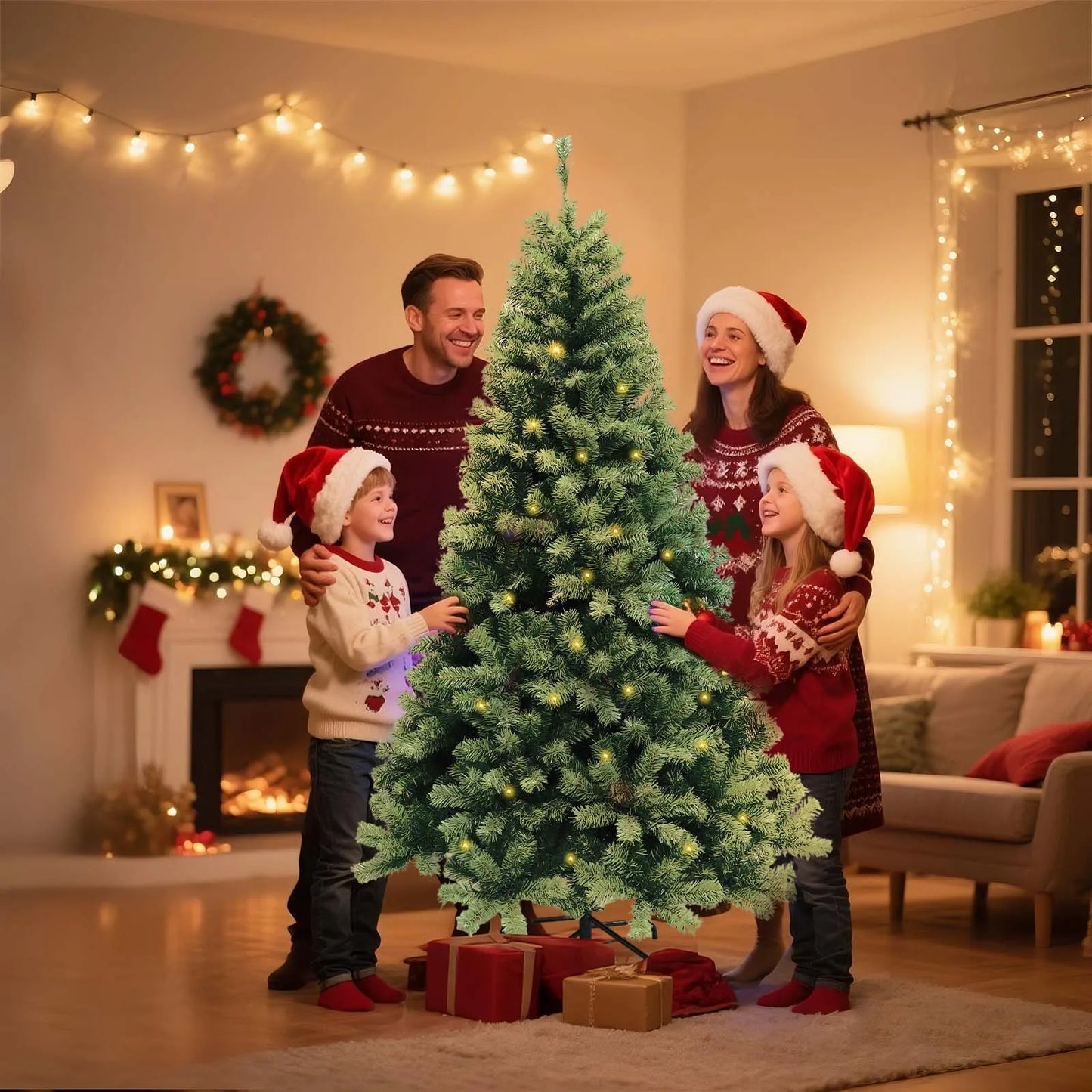 6-7ft Pre-Lit Christmas Tree, Artificial Hinged Xmas Tree With LED Lights, 8 Lighting Modes for Home Christmas Decoration