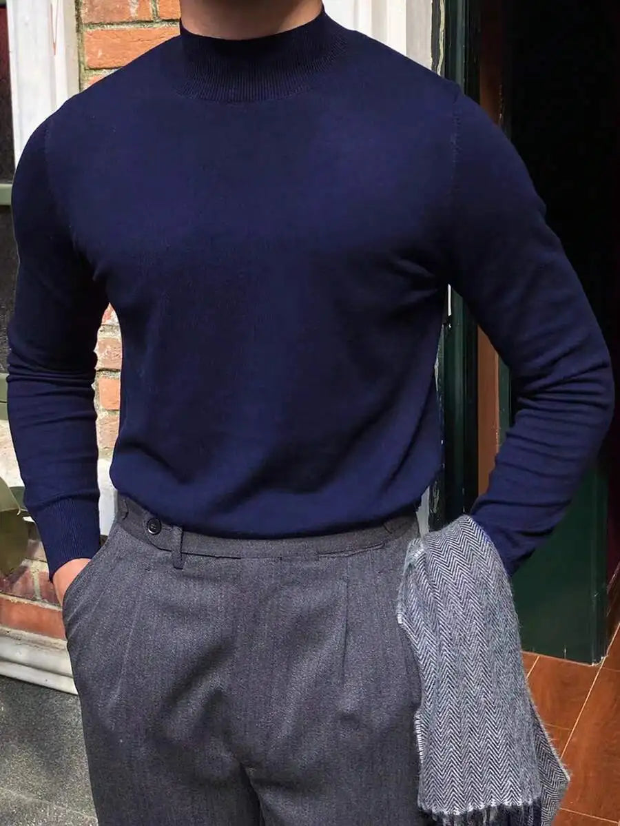 Men's Black Loose Fit Long Sleeve Turtleneck Sweater for Autumn Winter