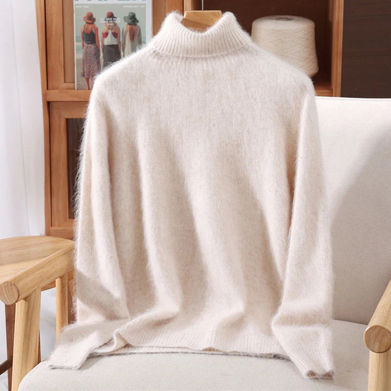 High End Mink Fur Sweater, Women's Solid Color High Collar Pullover, Cashmere Warm Sweater, Knitted Base Sweater, Autumn Winter