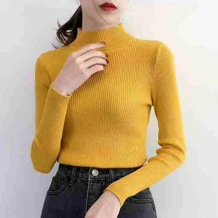 Early Spring, Autumn Winter Mock Neck Women Sweater Vintage Basic Solid Knitted Tops Casual Slim Pullover Korean Sweaters Simple Chic Jumpers