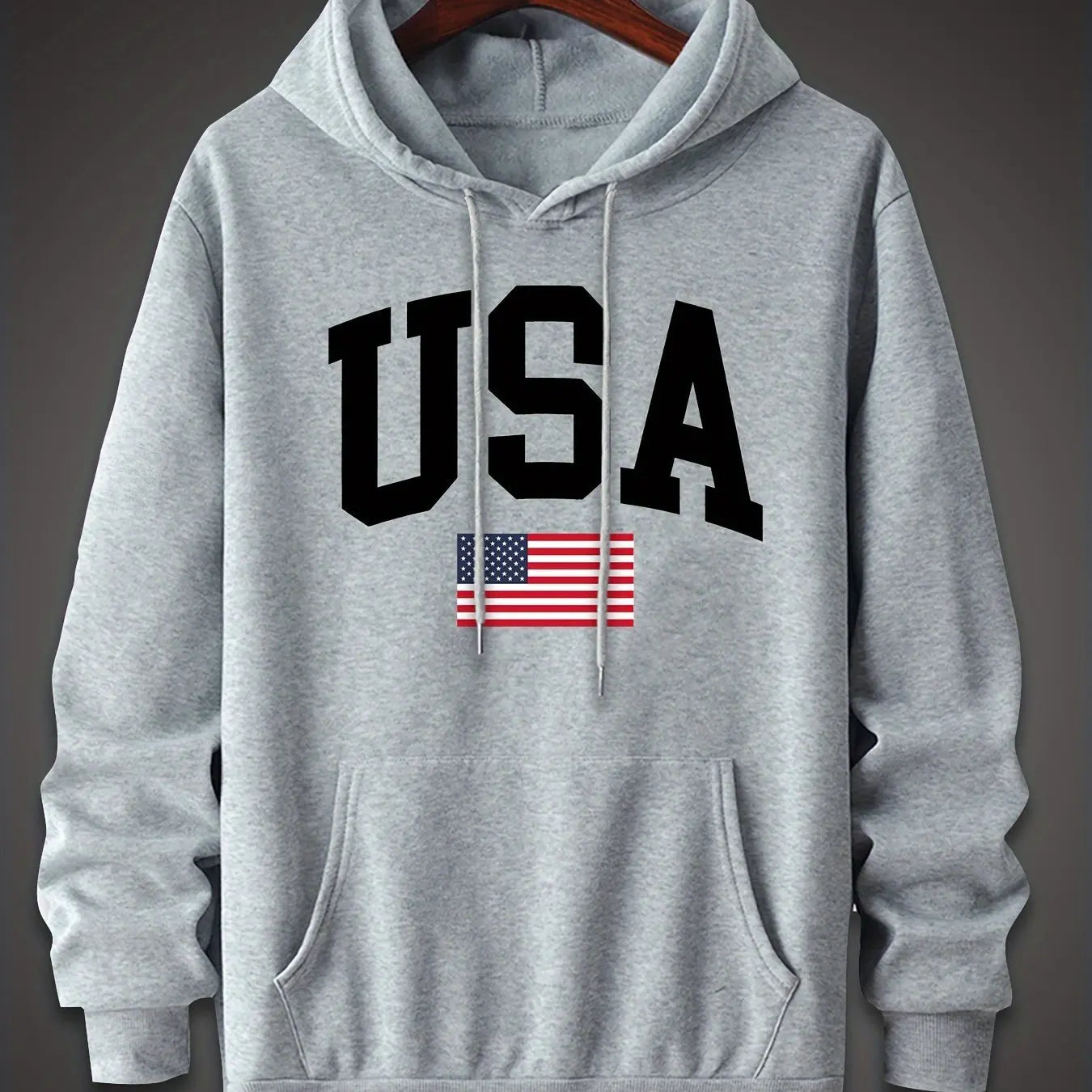 Men's autumn and winter fashionable casual loose oversized USA flag print fleece pullover hooded long sleeved sweatshirt