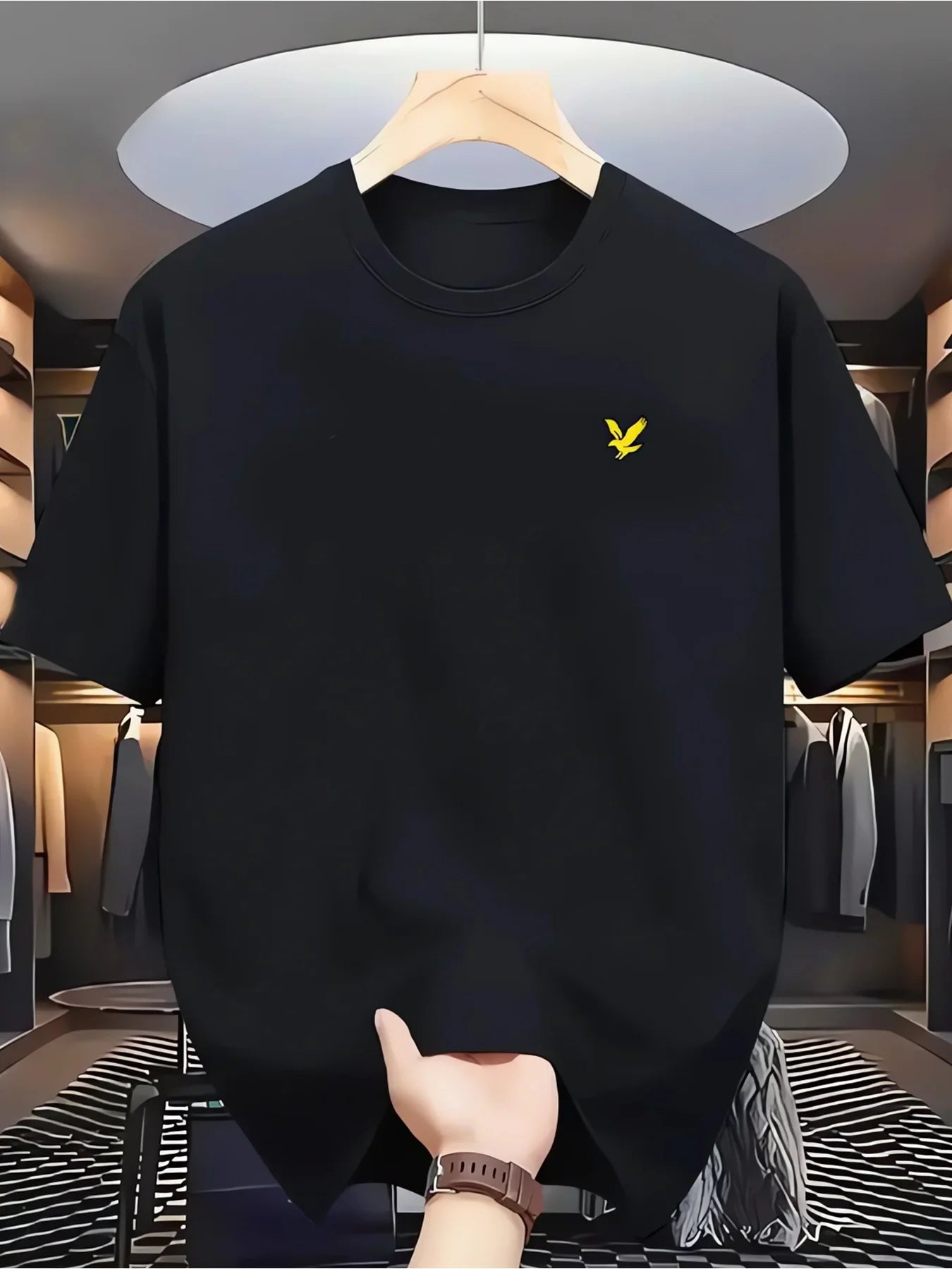 Lokalmen'S Cotton T-Shirt with Minimalist Yellow Print.Black Regular Fit Crew Neck Shirt with Short Sleeves, Breathable All-Year
