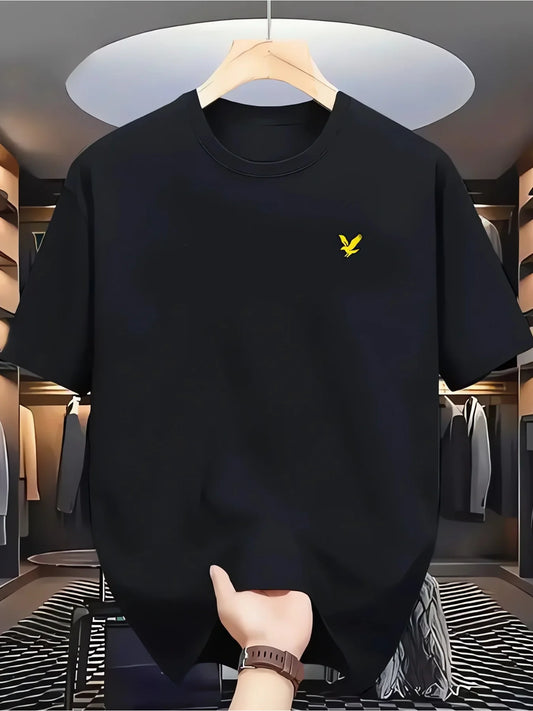 Lokalmen'S Cotton T-Shirt with Minimalist Yellow Print.Black Regular Fit Crew Neck Shirt with Short Sleeves, Breathable All-Year