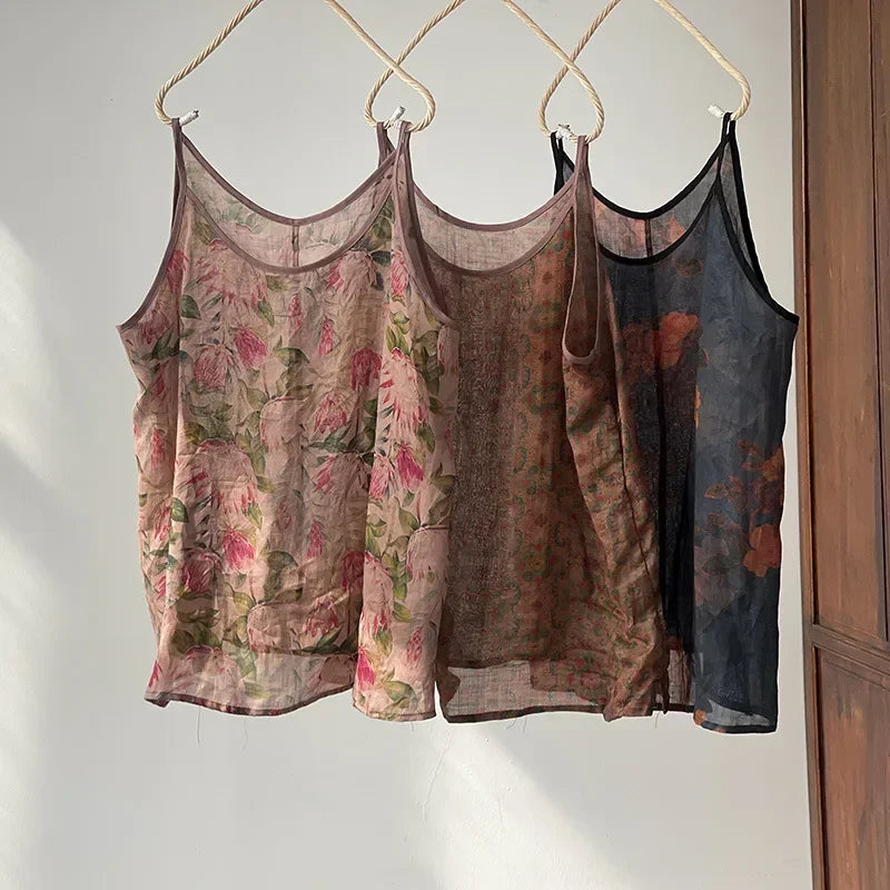 Women's Camisole Tank Tops Printed Ramie Sleeveless Shirt 2026 New Sweet Casual Spaghetti Straps Vest V-neck