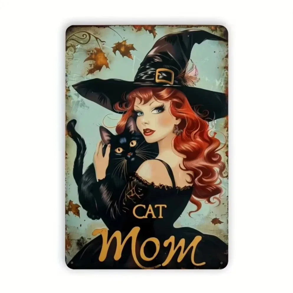 "Witch Cat Mom Playful 2D Tin Poster – Flat Plate Decorative Sign for Outdoor Whimsy"