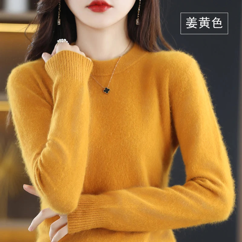 Autumn And Winter New Women's Semi-high-necked Mink Cashmere Sweater Wool Knitted Bottom Shirt