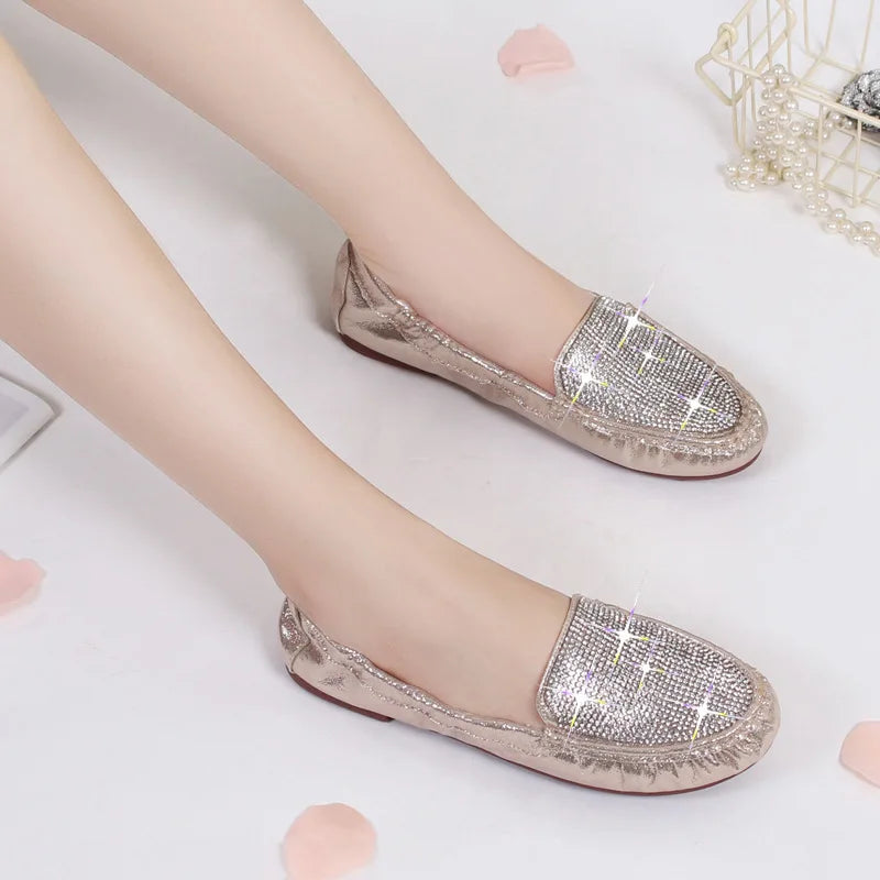 Sequines Cloth Women foldable flats crystal rivets mocasines female elastic band slip on loafers 41-43 big size work shoes