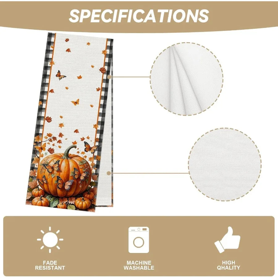 Linen Black and White Buffalo Check Plaid Fall Table Runner 72 Ihes Long Fall Leaves Pumpkin Butterfly Home Kitchen Table Decor