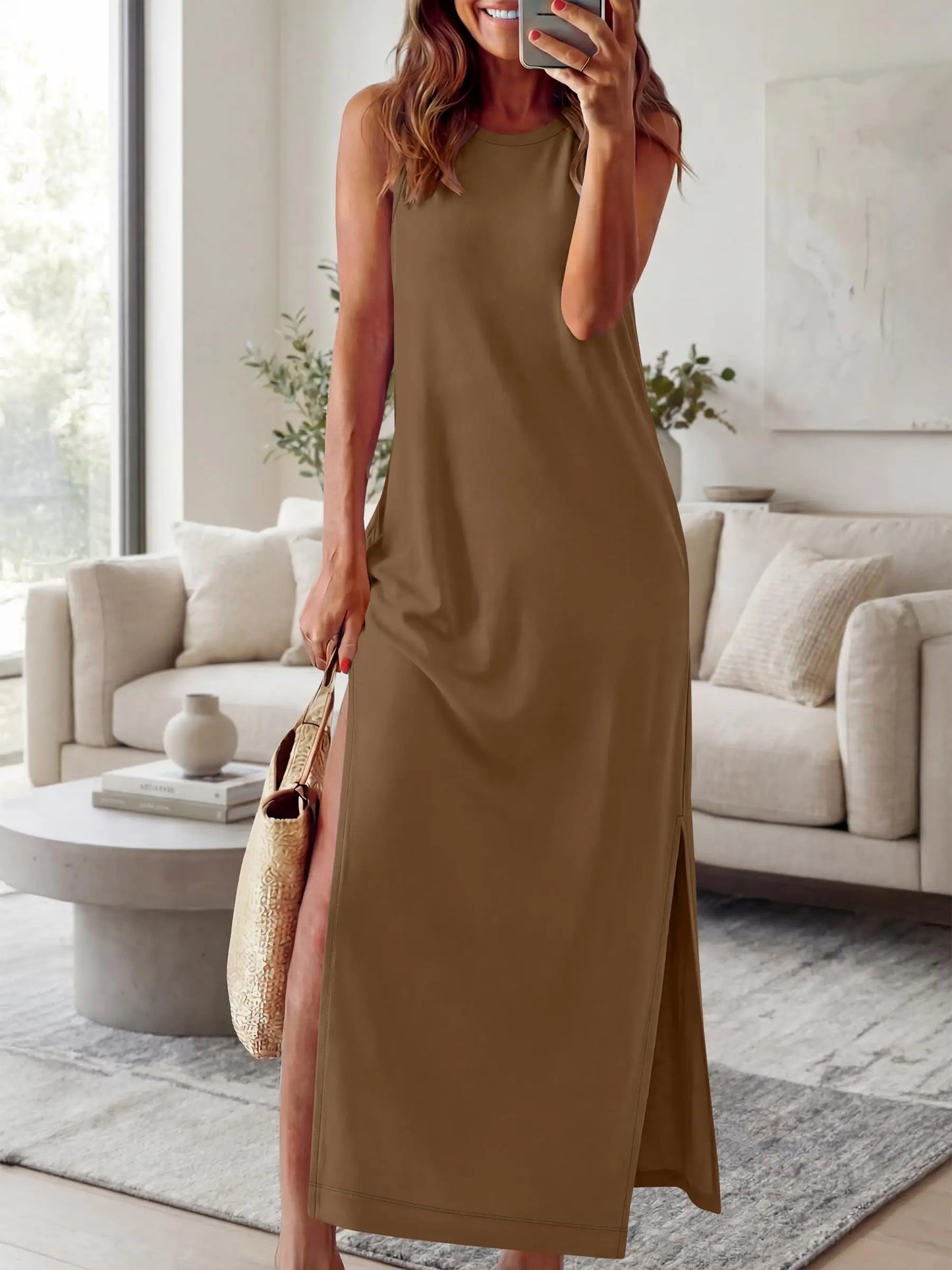 Women Summer Sleeveless Maxi Sundress With Pockets Casual Beach Vacation Dress