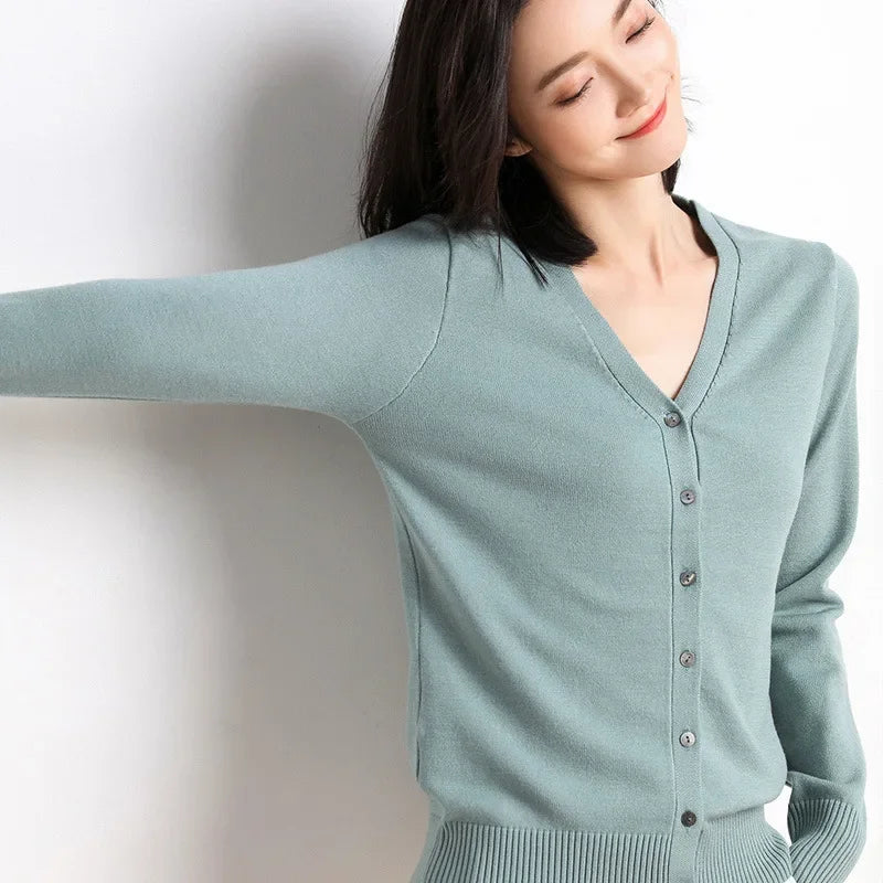 2026 Women Cardigans Long Sleeve Knitted Outerwear Solid Thin Spring / Autumn Sweaters V-neck Knitwear Cardigans