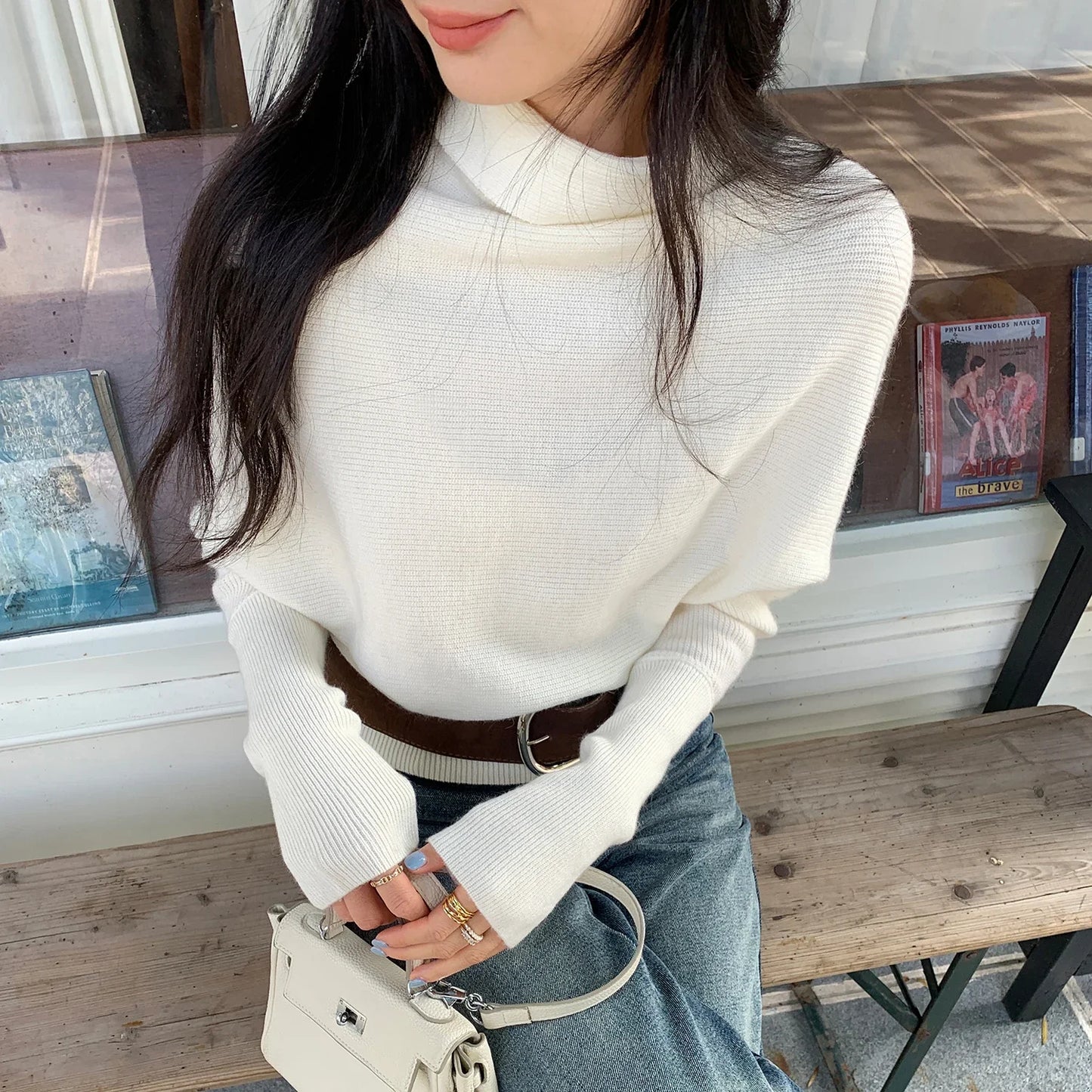Trendy Autumn Winter Advanced Slouchy Neck Soft Warm Jumper Fashion Knitted Women's Pullover Women Batwing Sleeve Loose Sweater