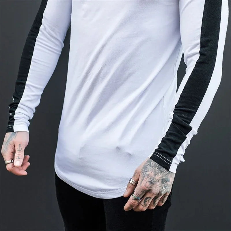 Plain Bodybuilding Sport Shirts Breathale Cotton Long Sleeve Tops Gym Fitness T-Shirts Slim Fit Contrast Color Hip Hop Clothing