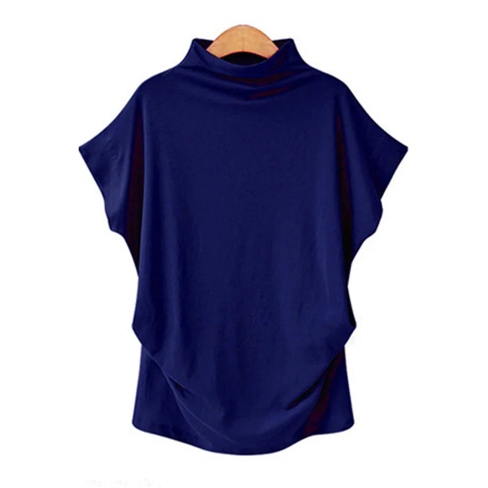 Women's Retro Solid Color T-Shirt Summer Turtleneck Short Sleeve Tees Fashion Loose Streetwear Female Pleated Top