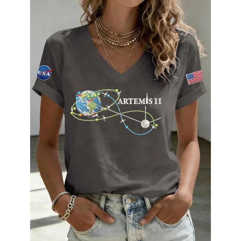 2026 New Arrival Women's Artemis II Print T-Shirts Summer Short Sleeve Loose V Neck Tops Casual Tees