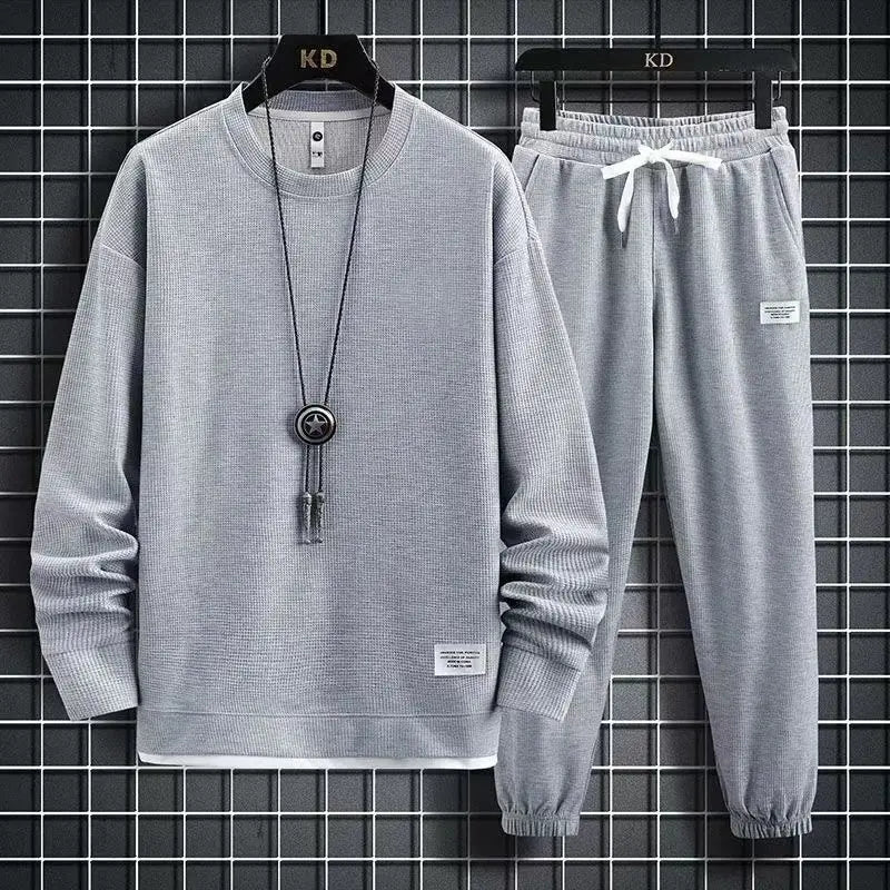 Men's Casual Sportswear Long Sleeve T-Shirt And Pants Set Spring, Autumn/Winter Cotton Plaid Fashionable Youth Outfit Long Pants