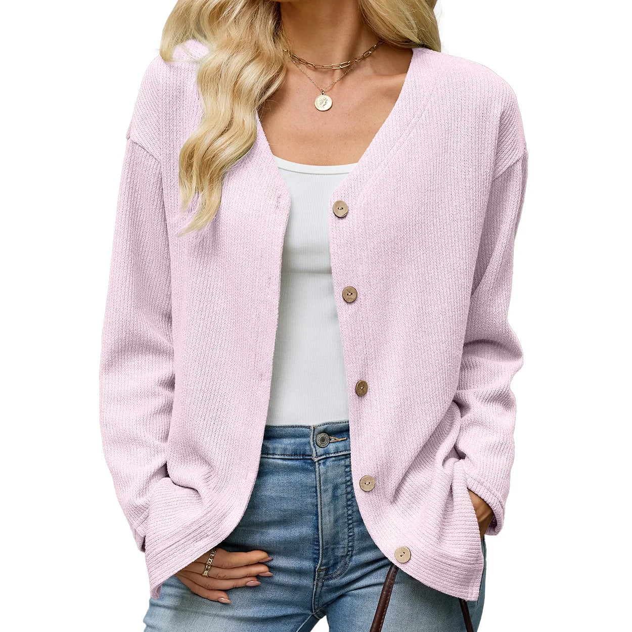 Women's V Neck Button Down Cardigan Long Sleeve Ribbed Knit Sweater Casual Loose Fit Outwear Tops