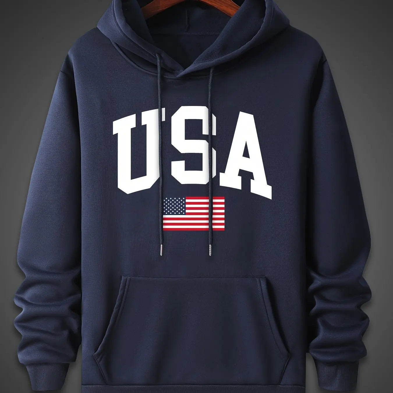 Men's autumn and winter fashionable casual loose oversized USA flag print fleece pullover hooded long sleeved sweatshirt