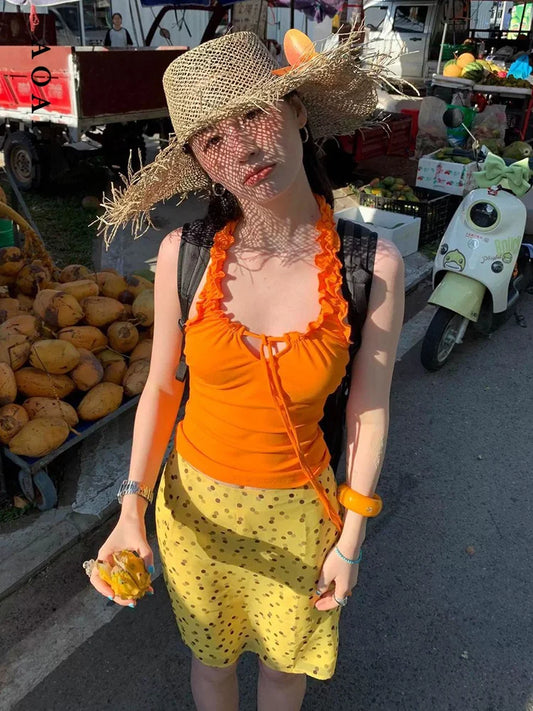 Orange Tank Top Women Summer Ruffle Halter Neck Y2k Top Sleeveless Slim Casual Streetwear Fashion 2026 Solid Camisole