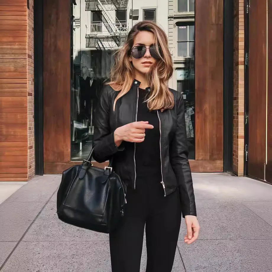 KIDCRKJ Spring Autumn Women's Leather Jacket Solid Color Zipper Female PU Suit Jacket O-neck Casual Jacket Women's Outwears