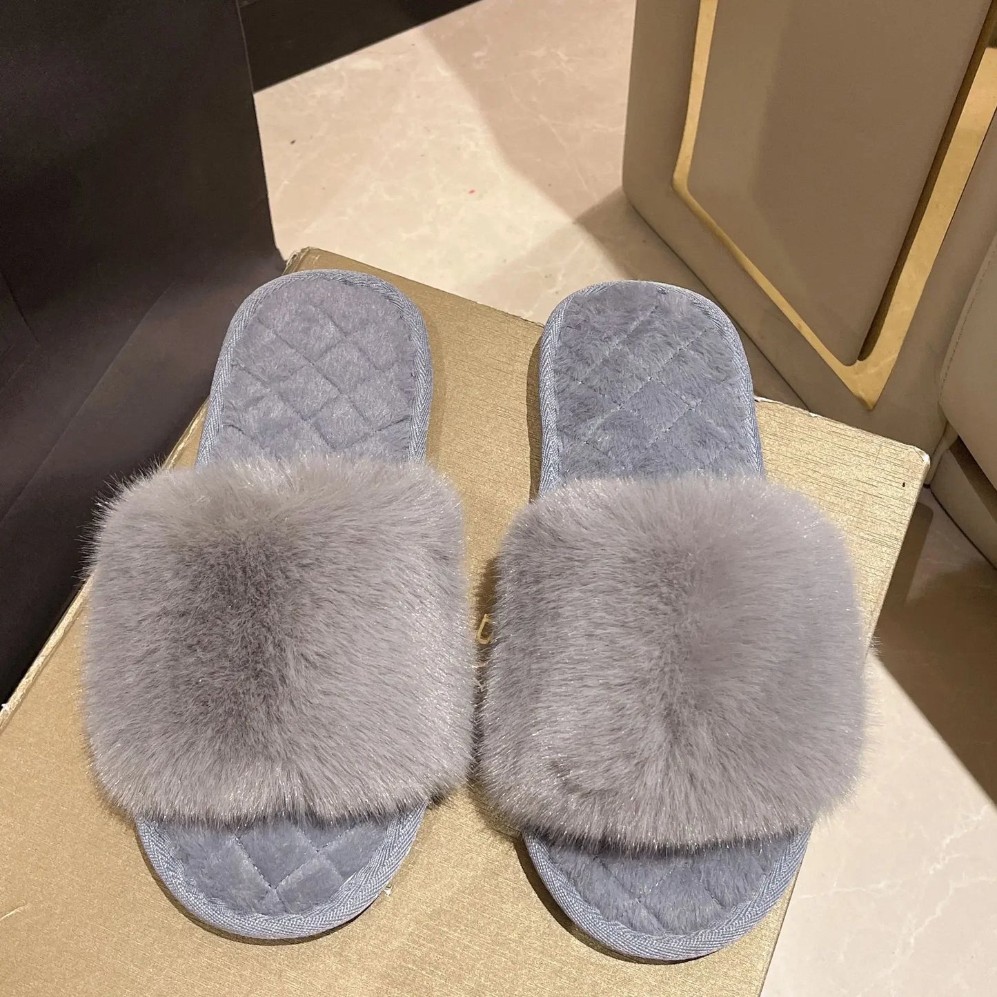 Casual Fluffy Slippers Women House Flat Warm Plush Designer Shoes Ladies Fashion Trend Winter Platform Footwear Elegant Open Toe