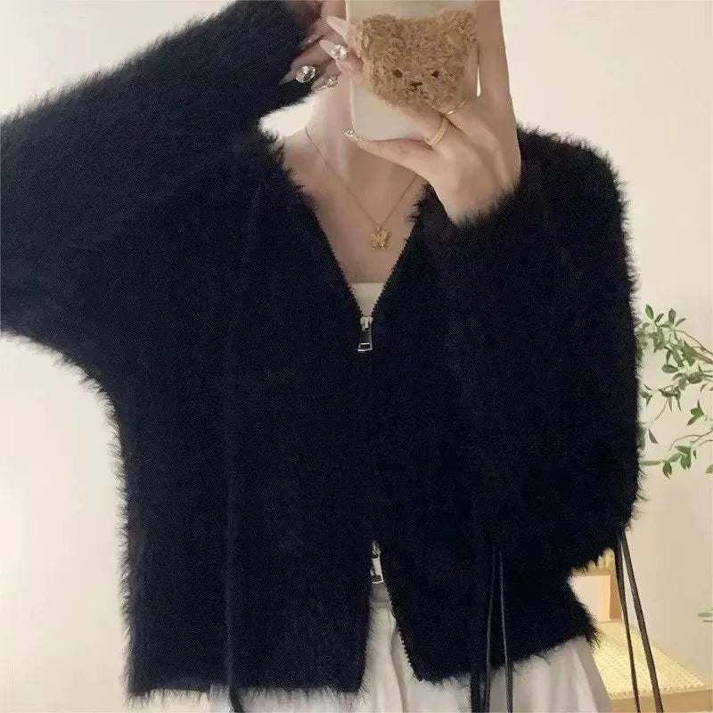 Hooded Knit Cardigan for Women Long Sleeve Fuzzy Zip Up Knit Crop Sweater Jacket Fall Winter Teen-girl Y2K Acubi Outfit