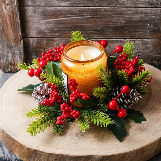 Christmas Candle Wreath Dining Table Decors Classic Red Berries Pinecone Centerpiece Garland Multifunctional Candle Holder 2025