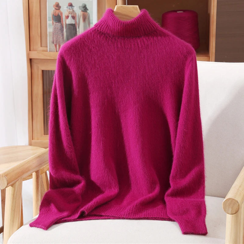 High End Mink Fur Sweater, Women's Solid Color High Collar Pullover, Cashmere Warm Sweater, Knitted Base Sweater, Autumn Winter