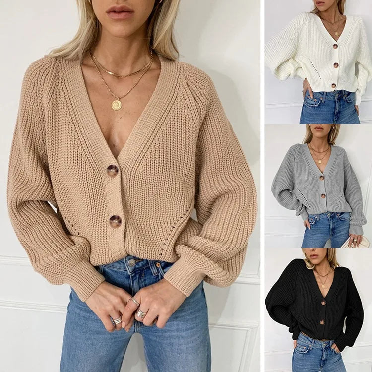 2026 Autumn/Winter New Women's Cardigan, Pure Color V-Neck, Bell Sleeve, Button Knit Cardigan